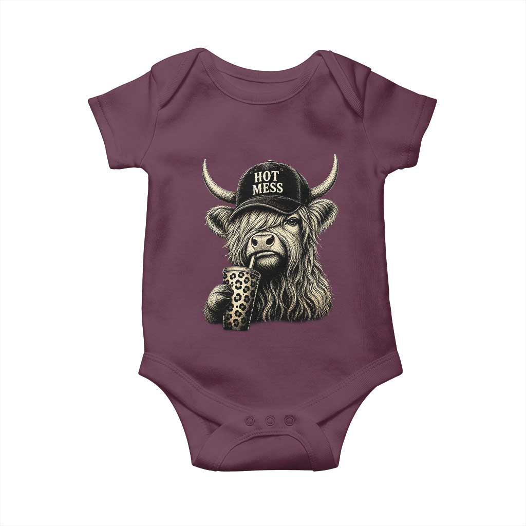 Hot Mess Highland Cow Sipping Iced Coffee Meme Baby Onesie Funny Sarcastic Everyday Life Country Western Style