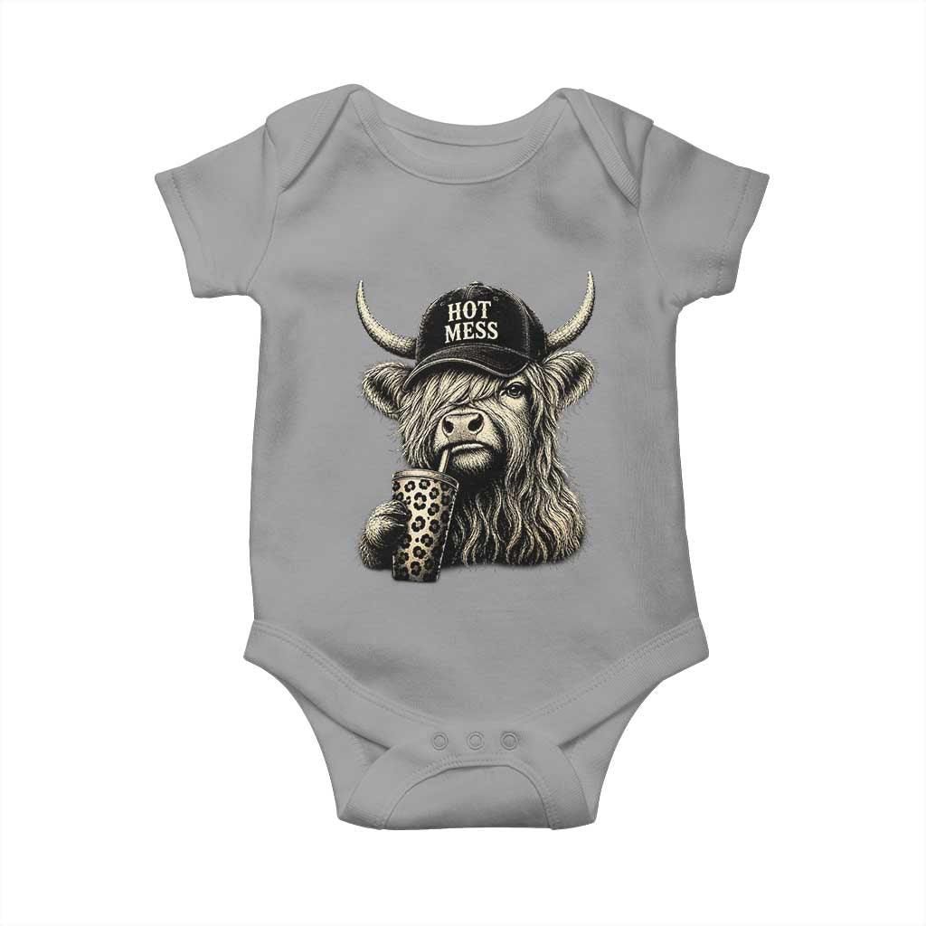 Hot Mess Highland Cow Sipping Iced Coffee Meme Baby Onesie Funny Sarcastic Everyday Life Country Western Style