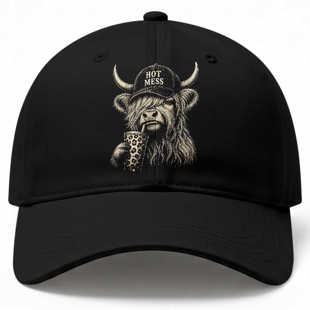 Hot Mess Highland Cow Sipping Iced Coffee Meme Baseball Cap Funny Sarcastic Everyday Life Country Western Style