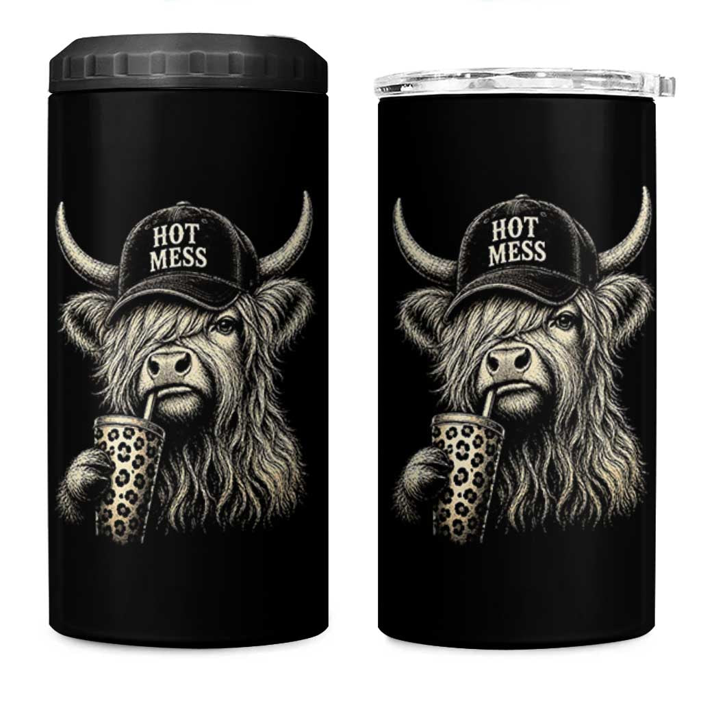 Hot Mess Highland Cow Sipping Iced Coffee Meme 4 in 1 Can Cooler Tumbler Funny Sarcastic Everyday Life Country Western Style