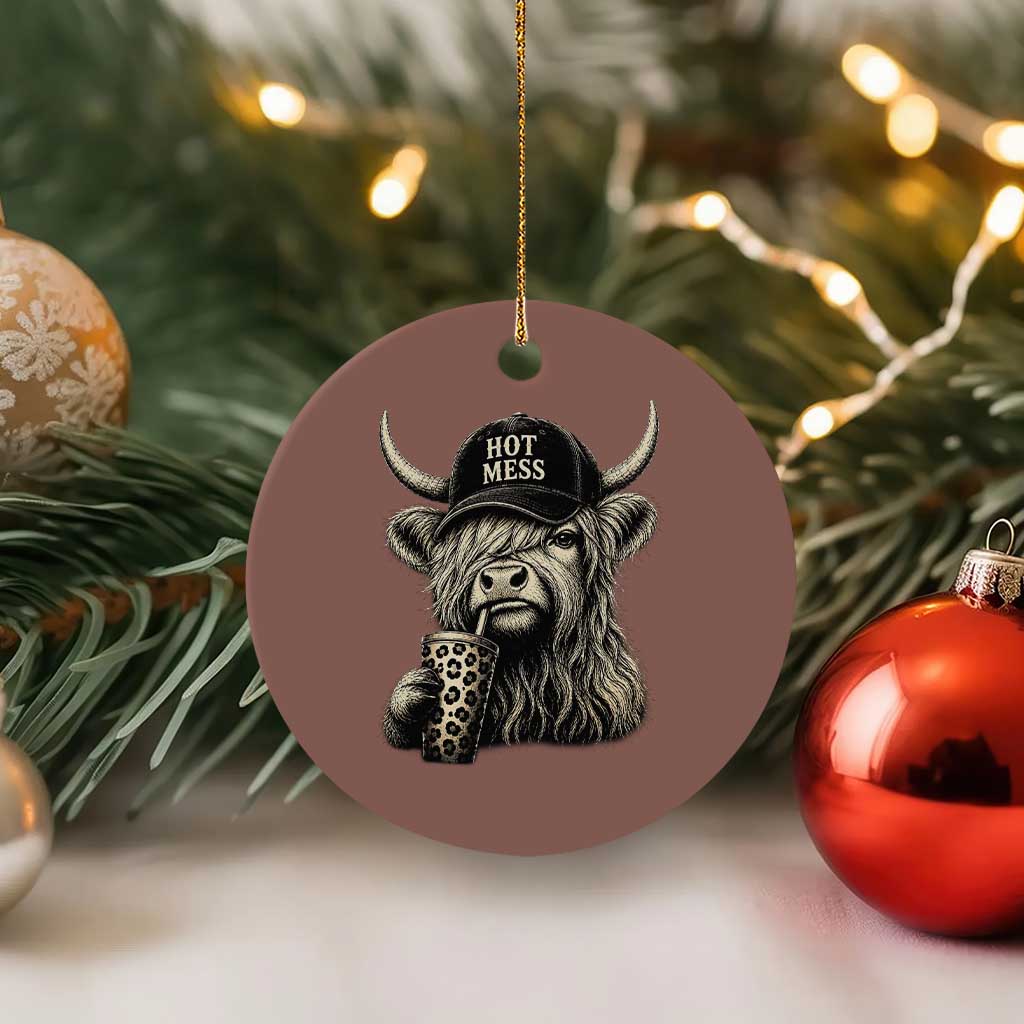 Hot Mess Highland Cow Sipping Iced Coffee Meme Ceramic Ornament Funny Sarcastic Everyday Life Country Western Style