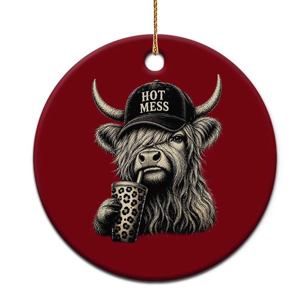Hot Mess Highland Cow Sipping Iced Coffee Meme Ceramic Ornament Funny Sarcastic Everyday Life Country Western Style