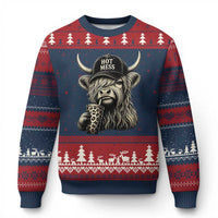 Hot Mess Highland Cow Sipping Iced Coffee Meme Ugly Christmas Sweater Funny Sarcastic Everyday Life Country Western Style