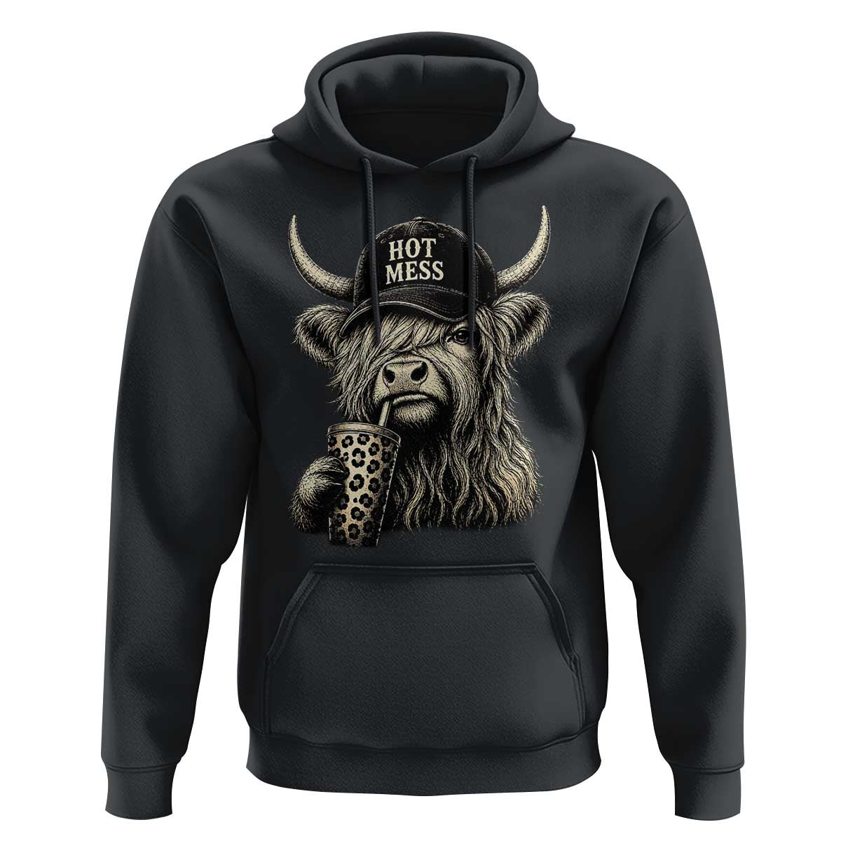 Hot Mess Highland Cow Sipping Iced Coffee Meme Hoodie Funny Sarcastic Everyday Life Country Western Style