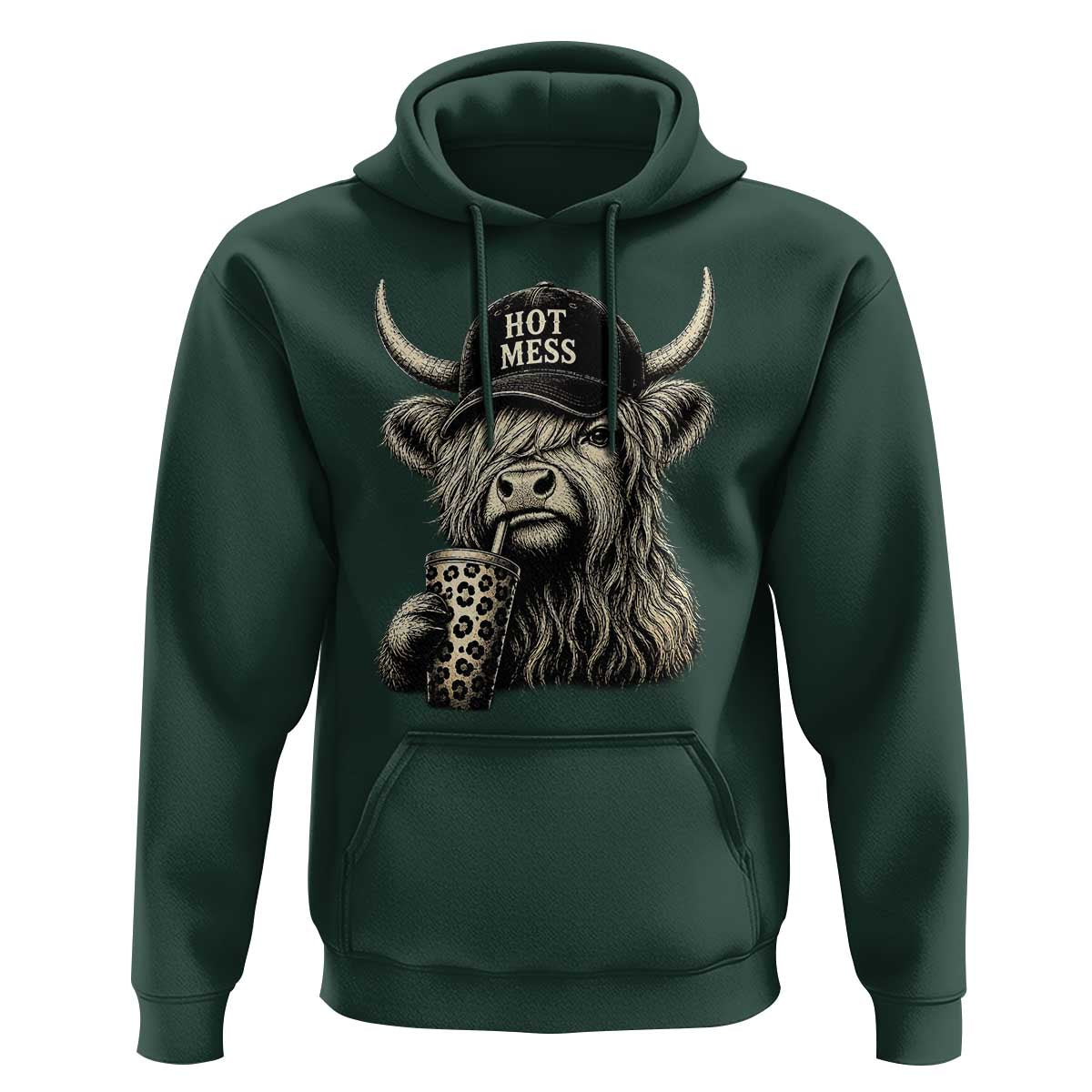 Hot Mess Highland Cow Sipping Iced Coffee Meme Hoodie Funny Sarcastic Everyday Life Country Western Style