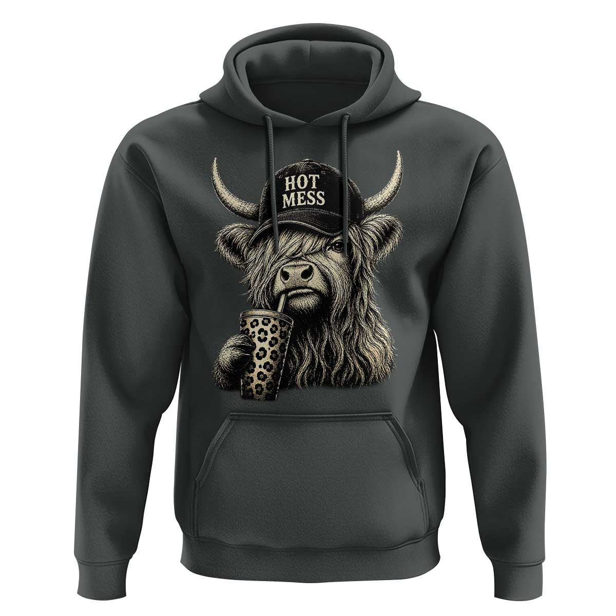 Hot Mess Highland Cow Sipping Iced Coffee Meme Hoodie Funny Sarcastic Everyday Life Country Western Style