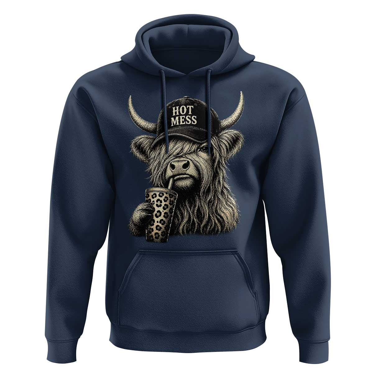 Hot Mess Highland Cow Sipping Iced Coffee Meme Hoodie Funny Sarcastic Everyday Life Country Western Style