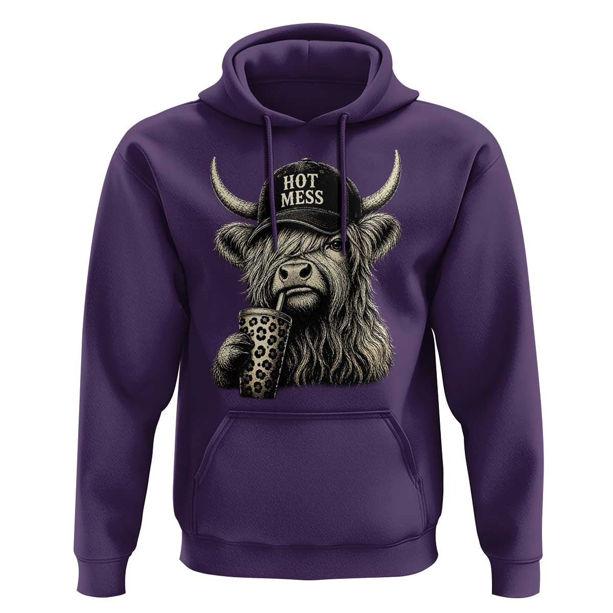 Hot Mess Highland Cow Sipping Iced Coffee Meme Hoodie Funny Sarcastic Everyday Life Country Western Style