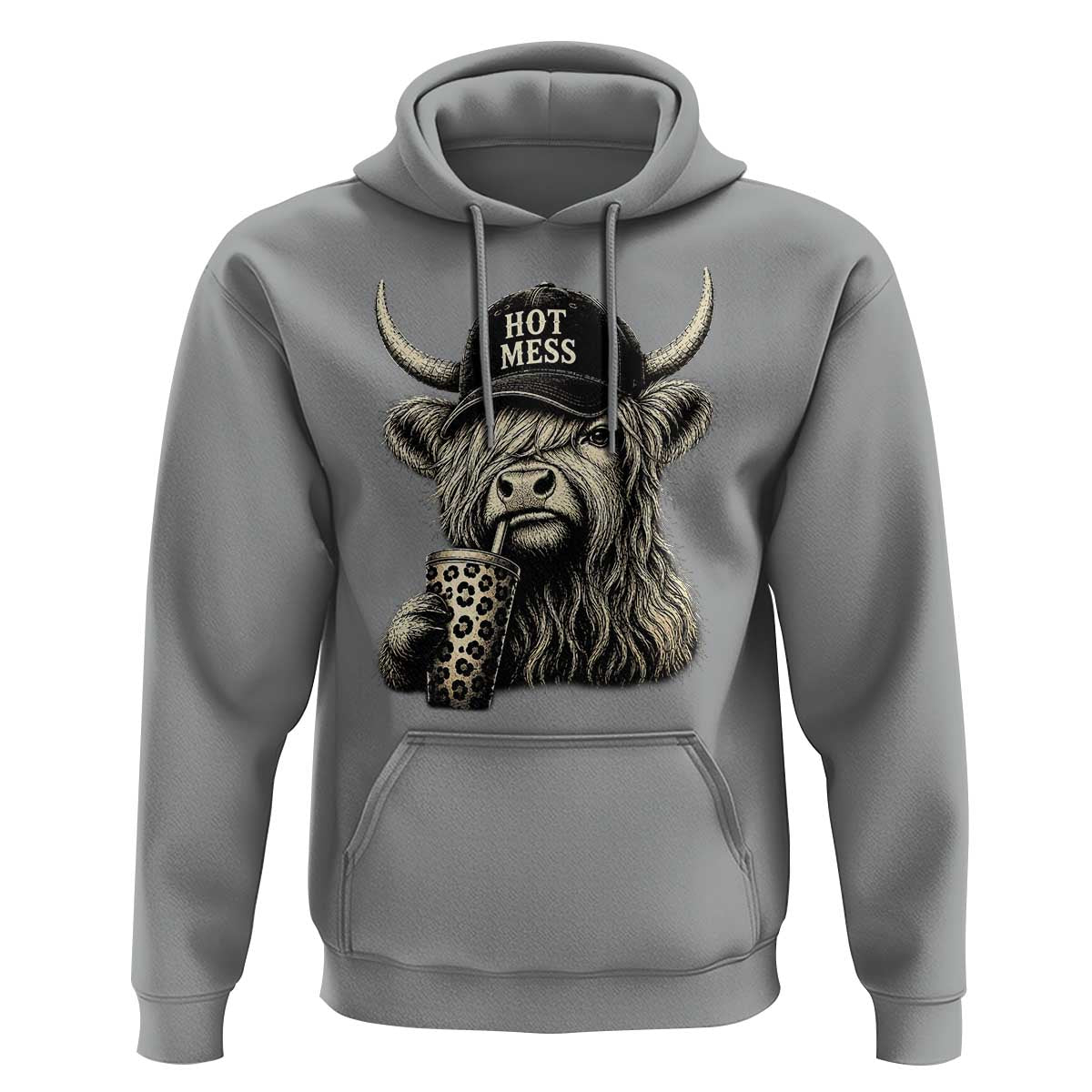Hot Mess Highland Cow Sipping Iced Coffee Meme Hoodie Funny Sarcastic Everyday Life Country Western Style
