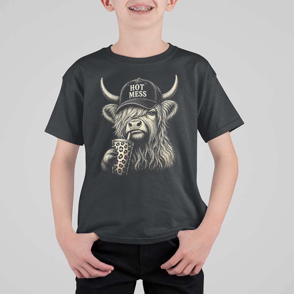 Hot Mess Highland Cow Sipping Iced Coffee Meme T Shirt For Kid Funny Sarcastic Everyday Life Country Western Style