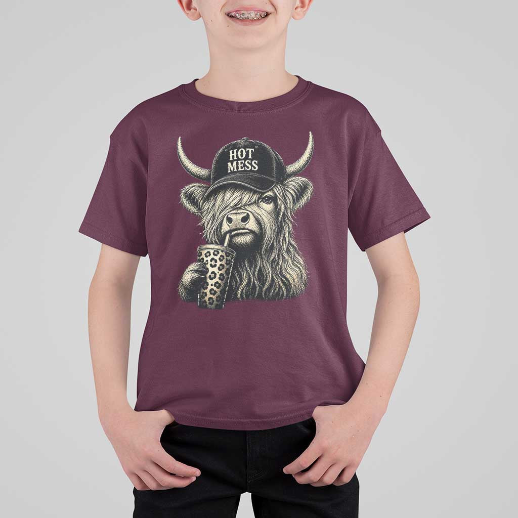 Hot Mess Highland Cow Sipping Iced Coffee Meme T Shirt For Kid Funny Sarcastic Everyday Life Country Western Style