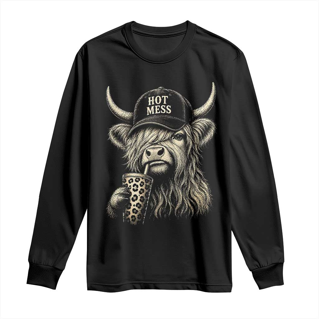 Hot Mess Highland Cow Sipping Iced Coffee Meme Long Sleeve Shirt Funny Sarcastic Everyday Life Country Western Style