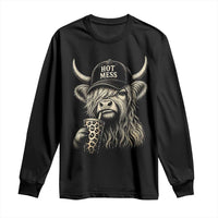 Hot Mess Highland Cow Sipping Iced Coffee Meme Long Sleeve Shirt Funny Sarcastic Everyday Life Country Western Style