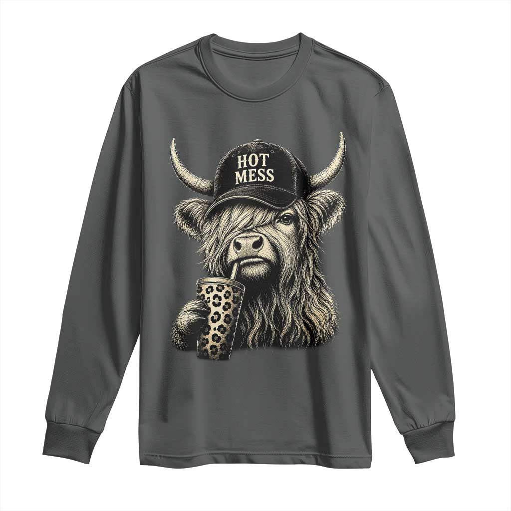 Hot Mess Highland Cow Sipping Iced Coffee Meme Long Sleeve Shirt Funny Sarcastic Everyday Life Country Western Style