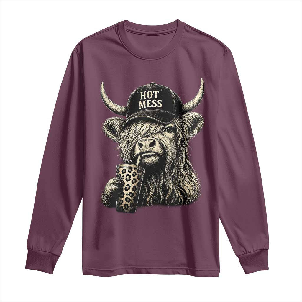 Hot Mess Highland Cow Sipping Iced Coffee Meme Long Sleeve Shirt Funny Sarcastic Everyday Life Country Western Style
