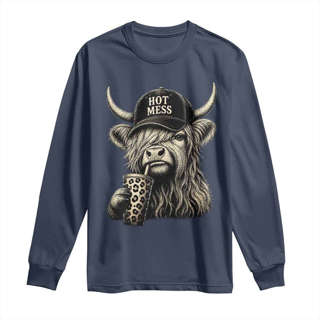 Hot Mess Highland Cow Sipping Iced Coffee Meme Long Sleeve Shirt Funny Sarcastic Everyday Life Country Western Style