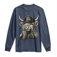 Hot Mess Highland Cow Sipping Iced Coffee Meme Long Sleeve Shirt Funny Sarcastic Everyday Life Country Western Style