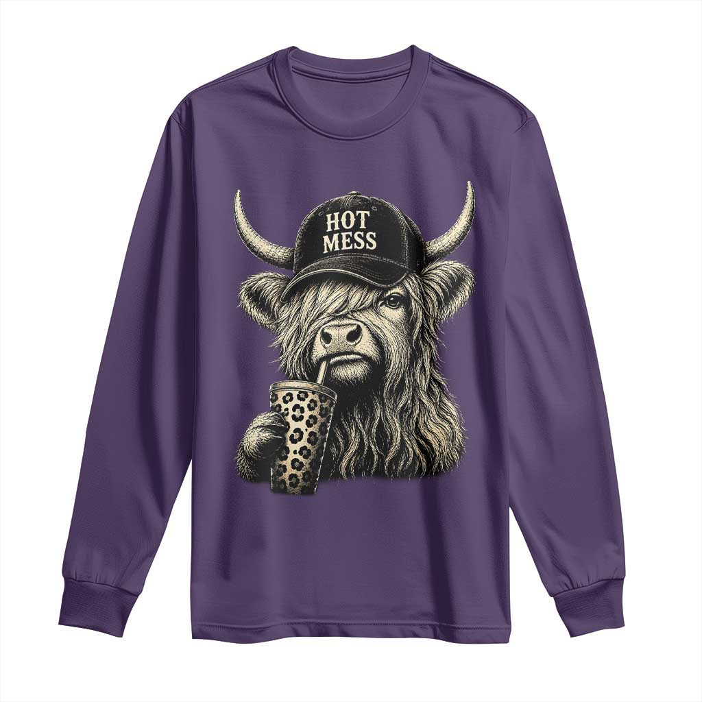 Hot Mess Highland Cow Sipping Iced Coffee Meme Long Sleeve Shirt Funny Sarcastic Everyday Life Country Western Style