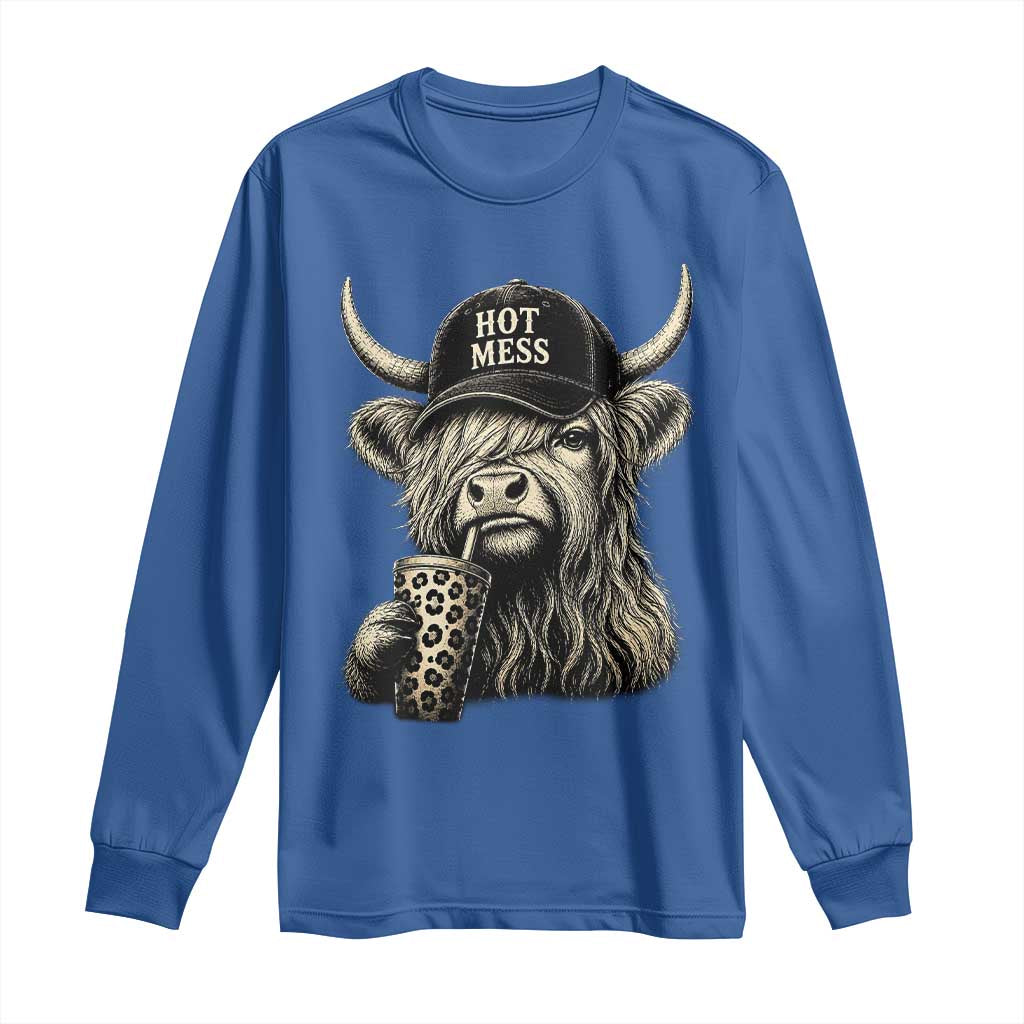 Hot Mess Highland Cow Sipping Iced Coffee Meme Long Sleeve Shirt Funny Sarcastic Everyday Life Country Western Style