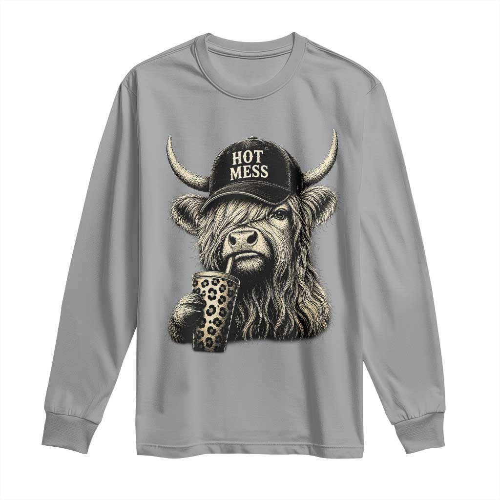 Hot Mess Highland Cow Sipping Iced Coffee Meme Long Sleeve Shirt Funny Sarcastic Everyday Life Country Western Style