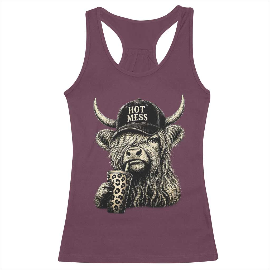 Hot Mess Highland Cow Sipping Iced Coffee Meme Racerback Tank Top Funny Sarcastic Everyday Life Country Western Style