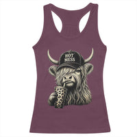 Hot Mess Highland Cow Sipping Iced Coffee Meme Racerback Tank Top Funny Sarcastic Everyday Life Country Western Style