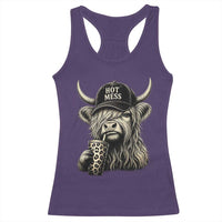 Hot Mess Highland Cow Sipping Iced Coffee Meme Racerback Tank Top Funny Sarcastic Everyday Life Country Western Style