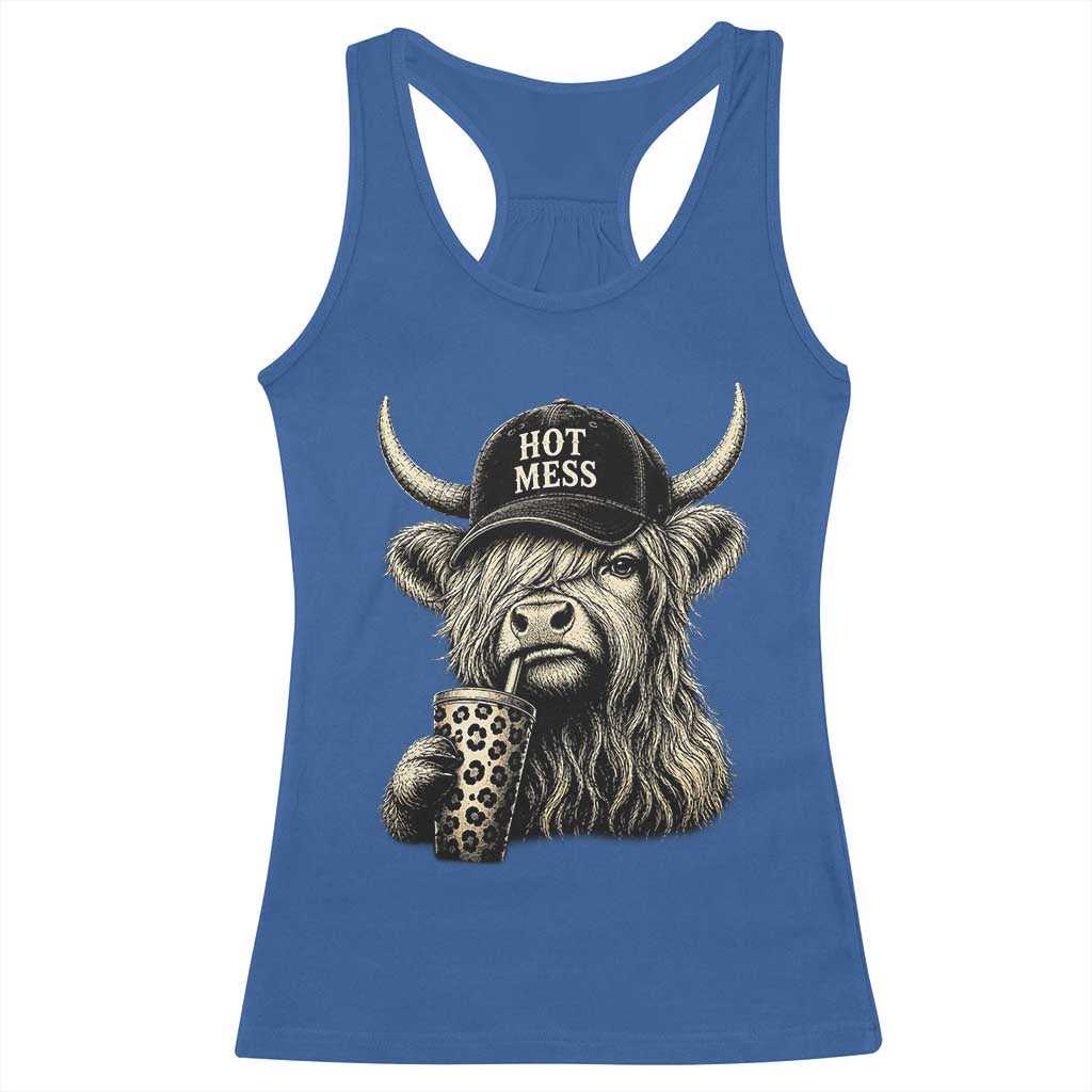 Hot Mess Highland Cow Sipping Iced Coffee Meme Racerback Tank Top Funny Sarcastic Everyday Life Country Western Style