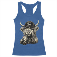 Hot Mess Highland Cow Sipping Iced Coffee Meme Racerback Tank Top Funny Sarcastic Everyday Life Country Western Style