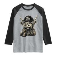 Hot Mess Highland Cow Sipping Iced Coffee Meme Raglan Shirt Funny Sarcastic Everyday Life Country Western Style