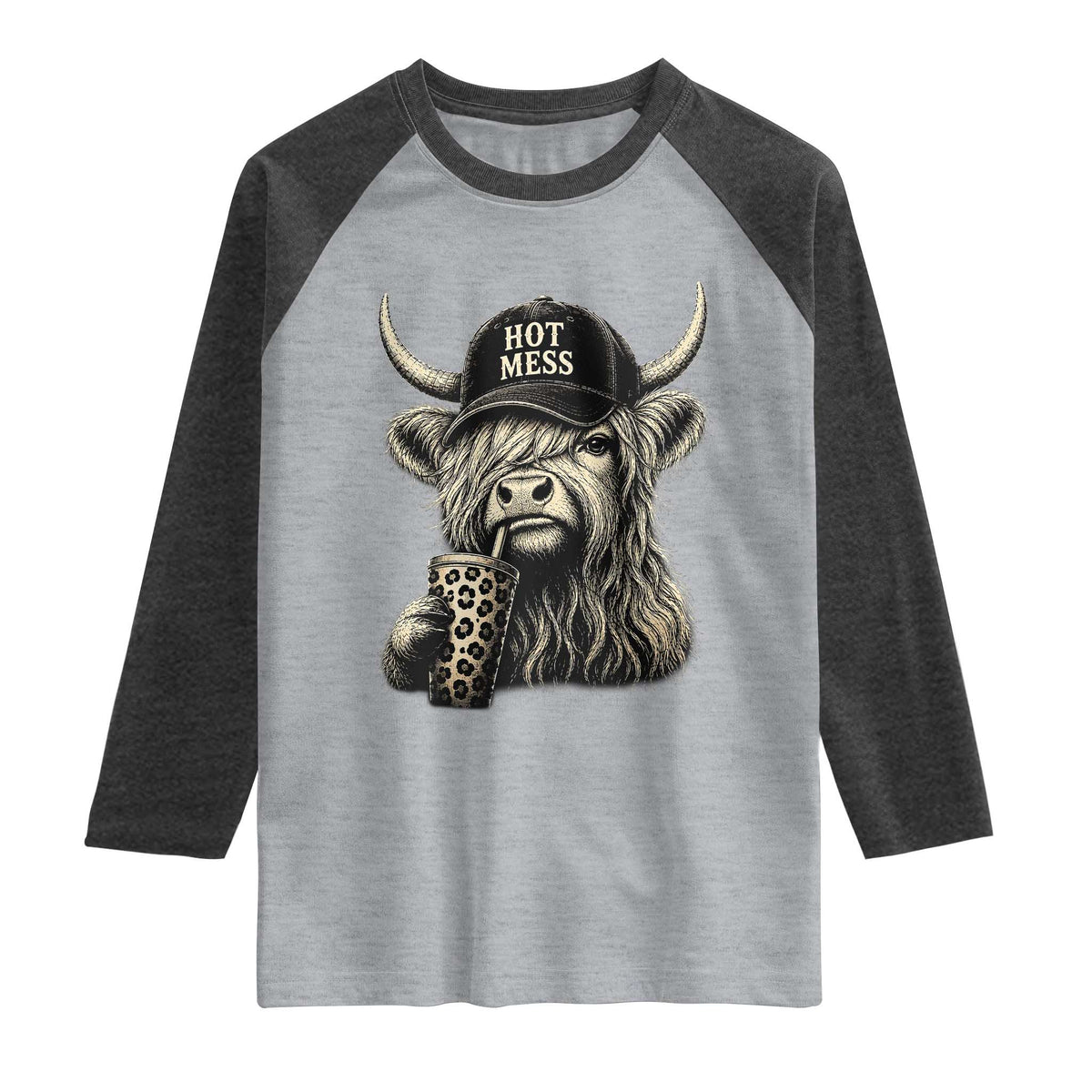 Hot Mess Highland Cow Sipping Iced Coffee Meme Raglan Shirt Funny Sarcastic Everyday Life Country Western Style