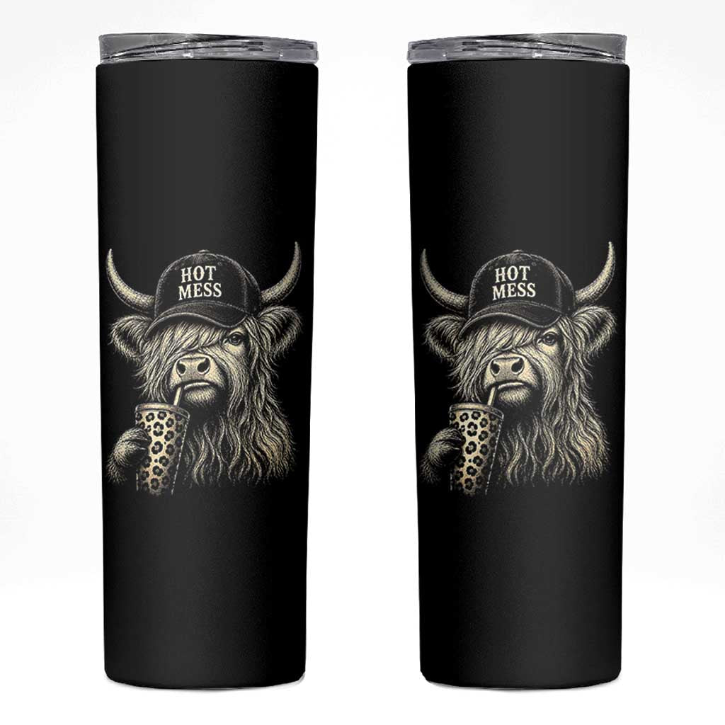 Hot Mess Highland Cow Sipping Iced Coffee Meme Skinny Tumbler Funny Sarcastic Everyday Life Country Western Style