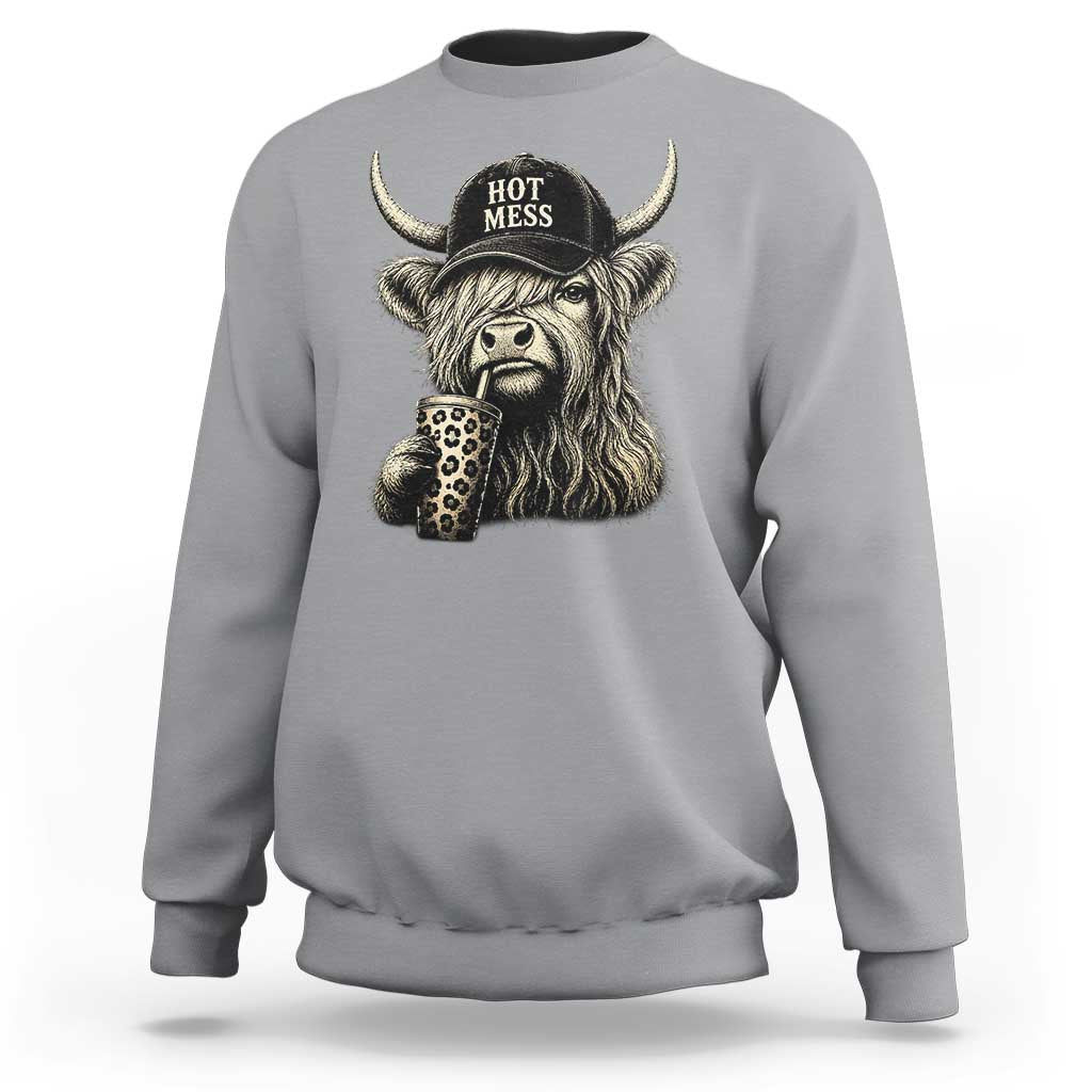 Hot Mess Highland Cow Sipping Iced Coffee Meme Sweatshirt Funny Sarcastic Everyday Life Country Western Style