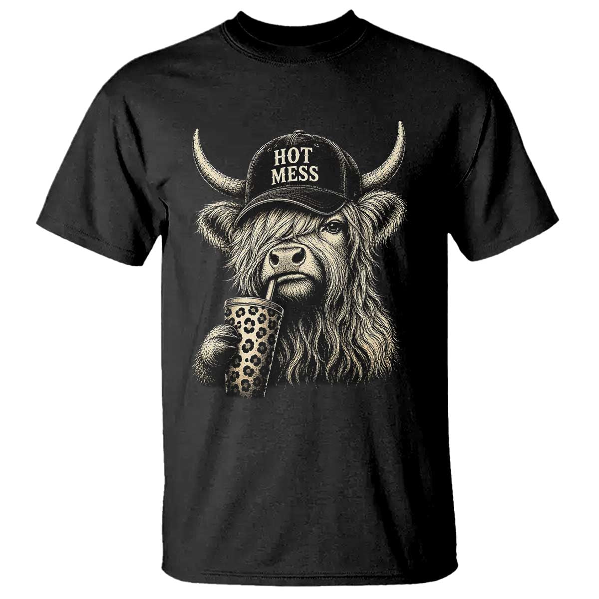 Hot Mess Highland Cow Sipping Iced Coffee Meme T Shirt Funny Sarcastic Everyday Life Country Western Style