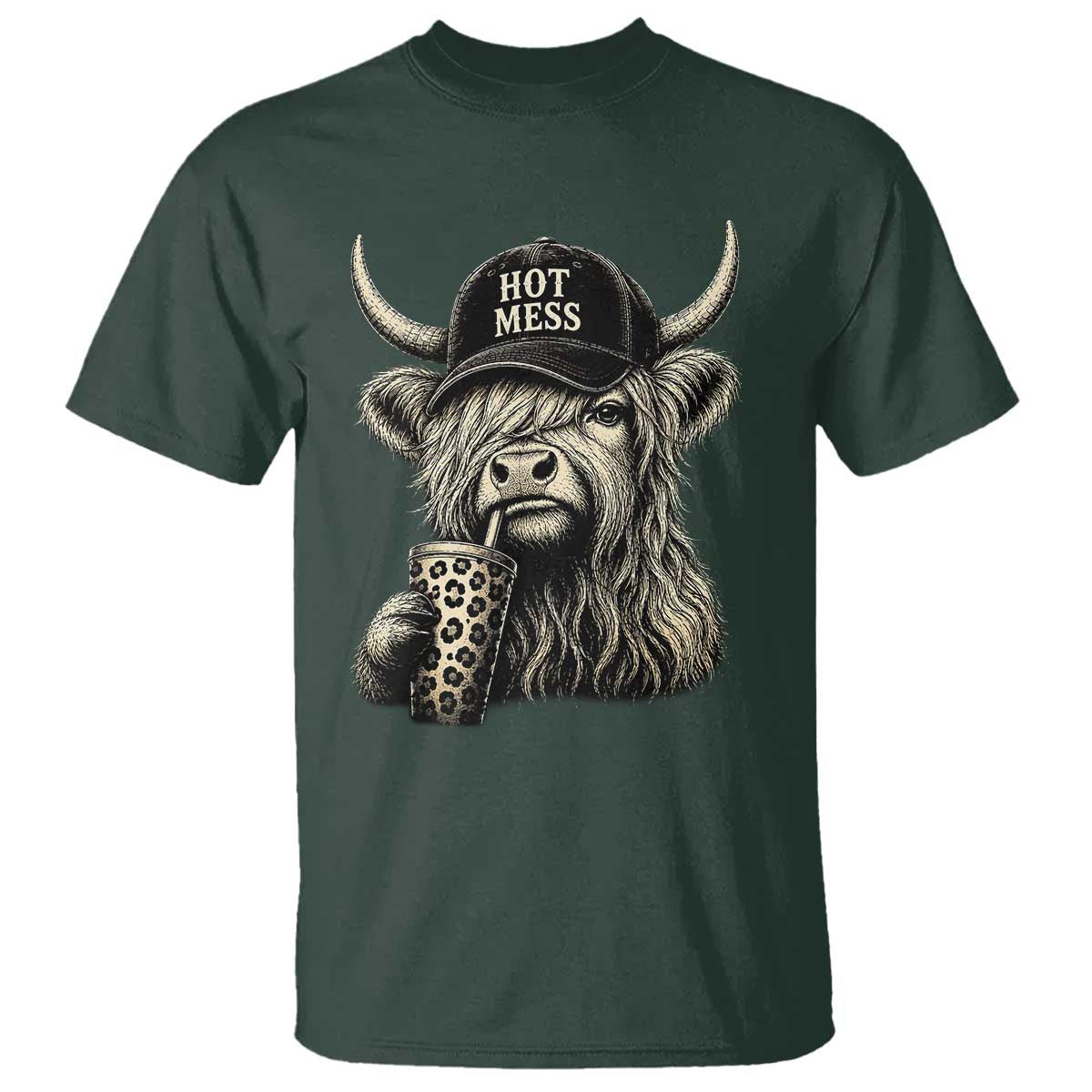 Hot Mess Highland Cow Sipping Iced Coffee Meme T Shirt Funny Sarcastic Everyday Life Country Western Style