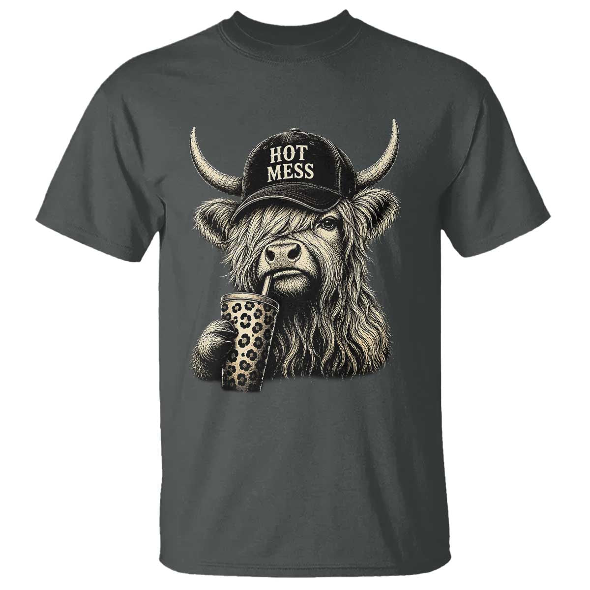 Hot Mess Highland Cow Sipping Iced Coffee Meme T Shirt Funny Sarcastic Everyday Life Country Western Style