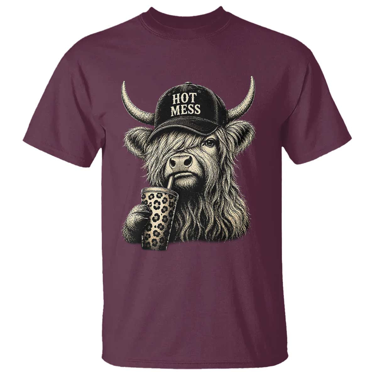 Hot Mess Highland Cow Sipping Iced Coffee Meme T Shirt Funny Sarcastic Everyday Life Country Western Style
