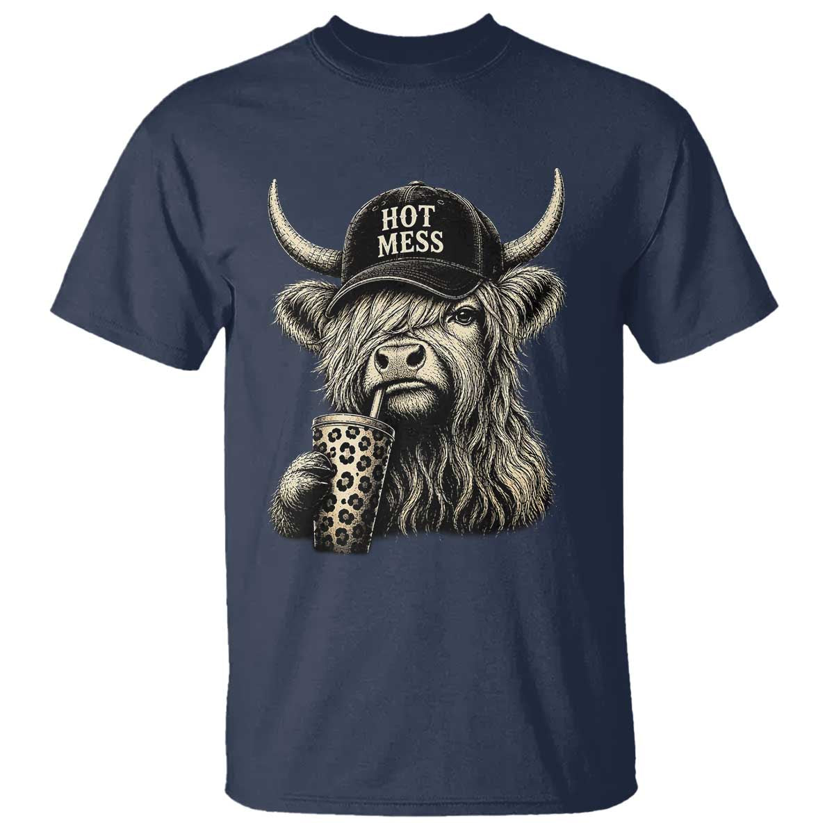 Hot Mess Highland Cow Sipping Iced Coffee Meme T Shirt Funny Sarcastic Everyday Life Country Western Style
