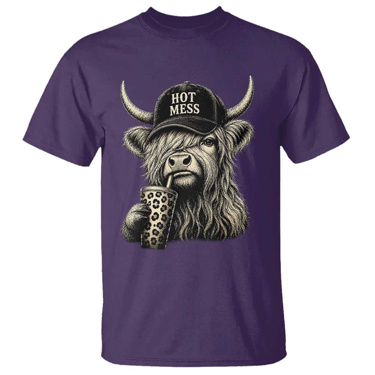 Hot Mess Highland Cow Sipping Iced Coffee Meme T Shirt Funny Sarcastic Everyday Life Country Western Style
