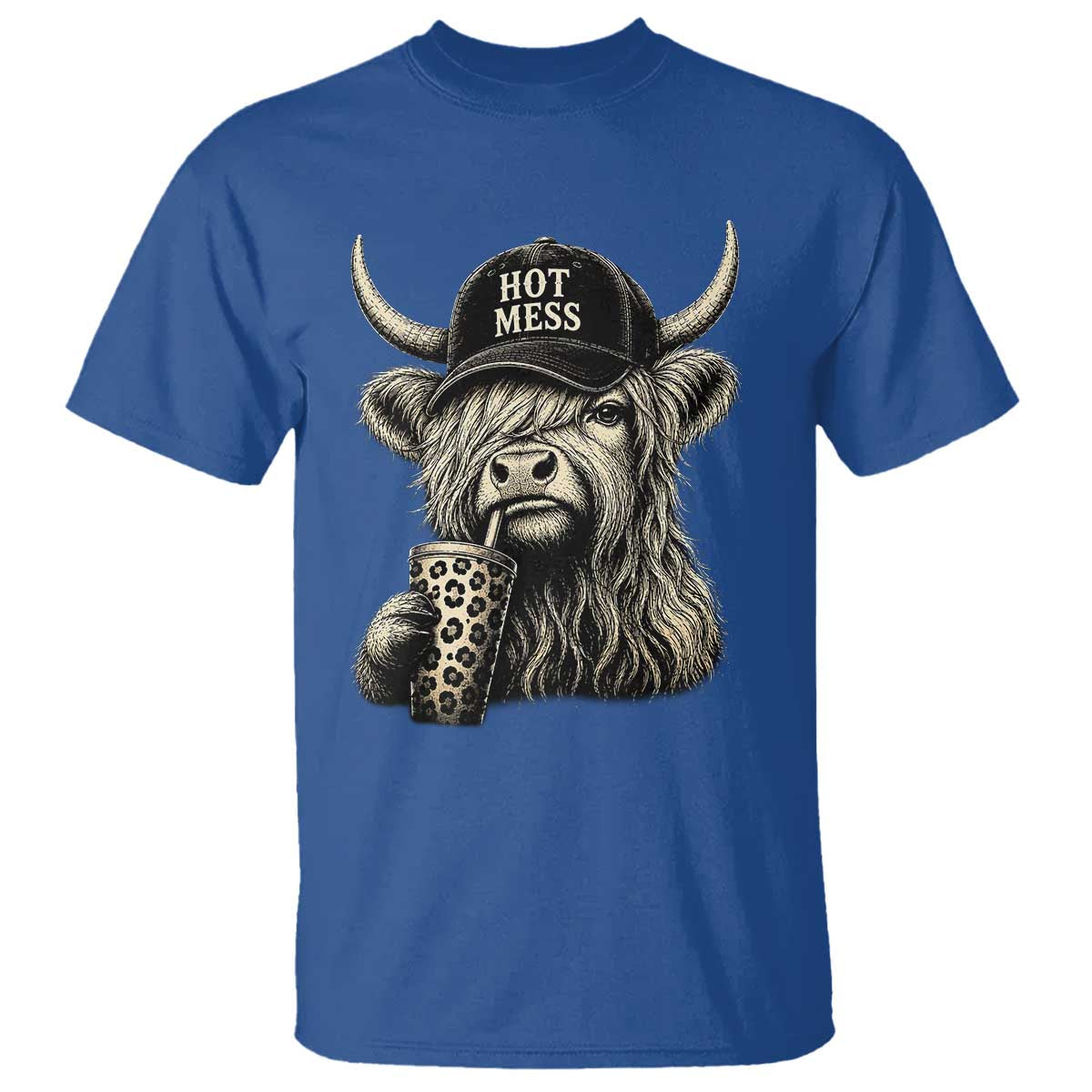 Hot Mess Highland Cow Sipping Iced Coffee Meme T Shirt Funny Sarcastic Everyday Life Country Western Style