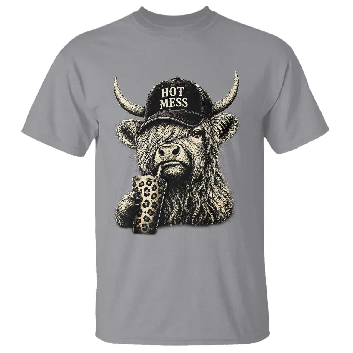Hot Mess Highland Cow Sipping Iced Coffee Meme T Shirt Funny Sarcastic Everyday Life Country Western Style