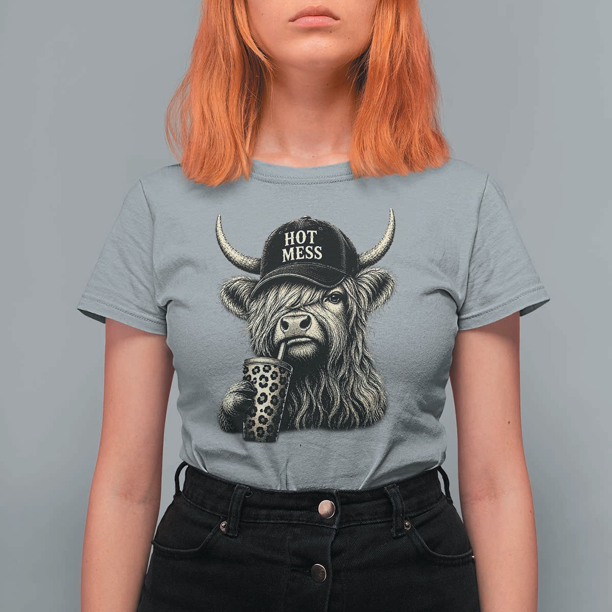 Hot Mess Highland Cow Sipping Iced Coffee Meme T Shirt For Women Funny Sarcastic Everyday Life Country Western Style