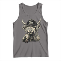 Hot Mess Highland Cow Sipping Iced Coffee Meme Tank Top Funny Sarcastic Everyday Life Country Western Style