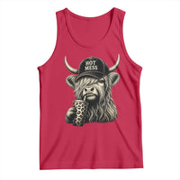 Hot Mess Highland Cow Sipping Iced Coffee Meme Tank Top Funny Sarcastic Everyday Life Country Western Style