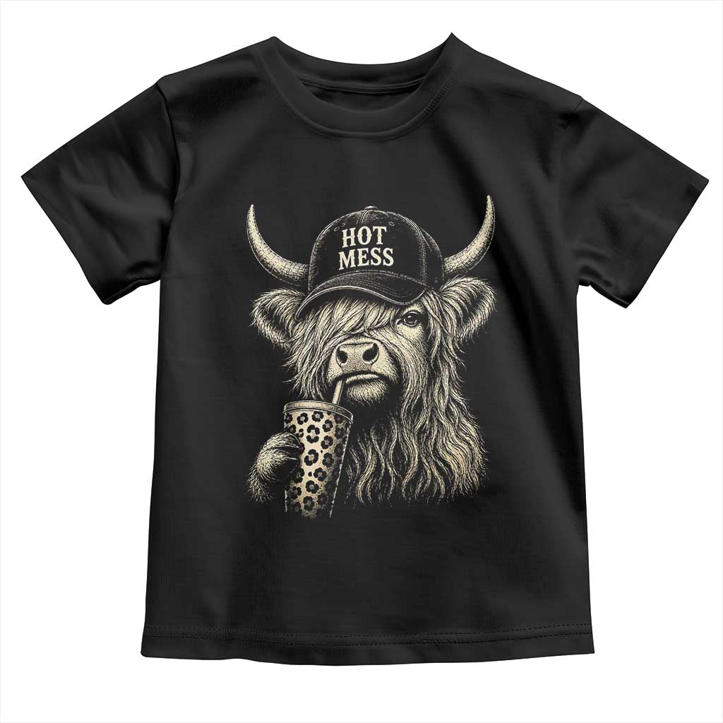 Hot Mess Highland Cow Sipping Iced Coffee Meme Toddler T Shirt Funny Sarcastic Everyday Life Country Western Style