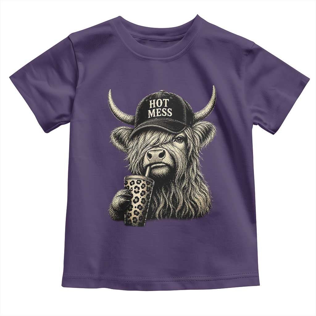 Hot Mess Highland Cow Sipping Iced Coffee Meme Toddler T Shirt Funny Sarcastic Everyday Life Country Western Style