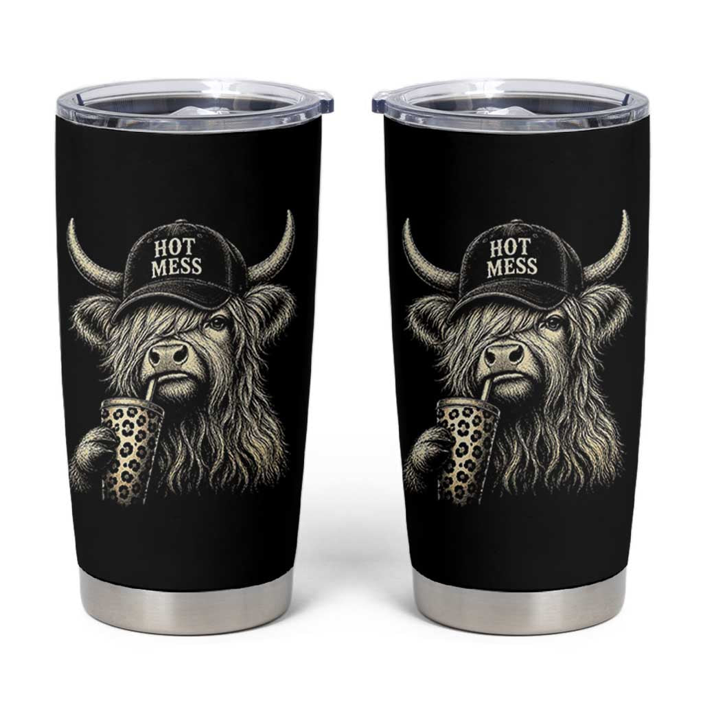 Hot Mess Highland Cow Sipping Iced Coffee Meme Tumbler Cup Funny Sarcastic Everyday Life Country Western Style