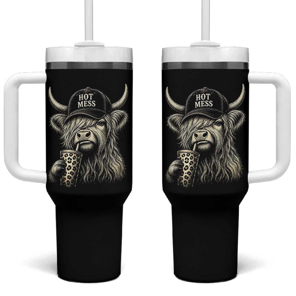 Hot Mess Highland Cow Sipping Iced Coffee Meme Tumbler With Handle Funny Sarcastic Everyday Life Country Western Style