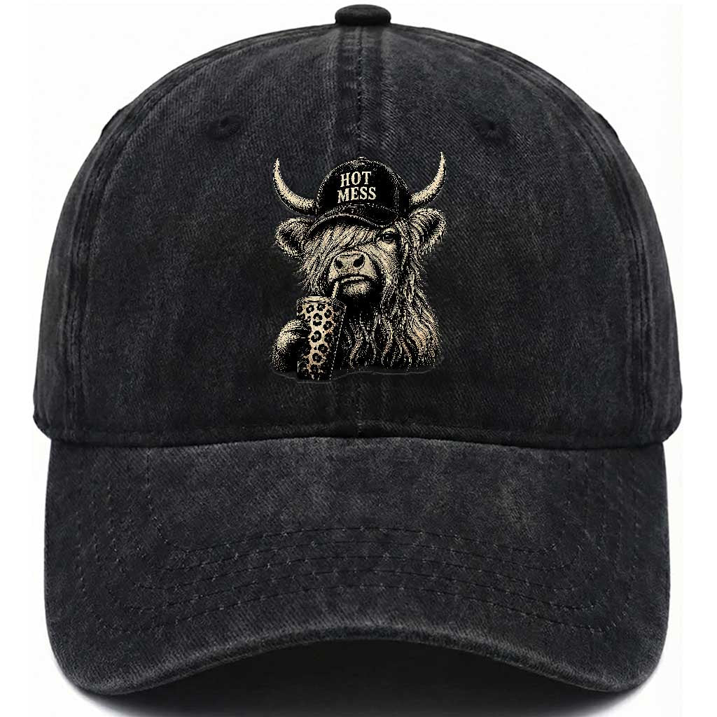 Hot Mess Highland Cow Sipping Iced Coffee Meme Washed Cotton Baseball Cap Funny Sarcastic Everyday Life Country Western Style
