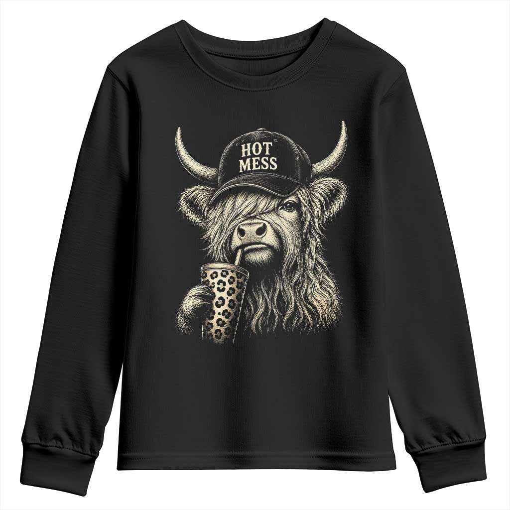 Hot Mess Highland Cow Sipping Iced Coffee Meme Youth Sweatshirt Funny Sarcastic Everyday Life Country Western Style